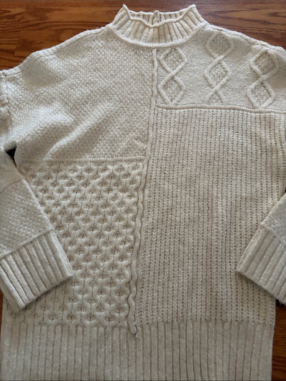 Classic Cream Patchwork Cable Turtleneck Sweater